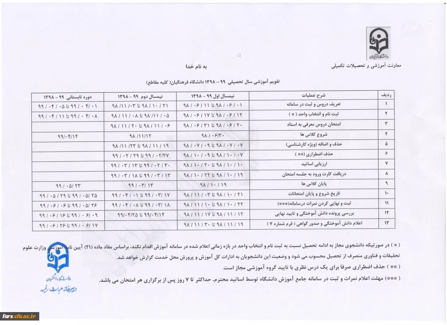 تقویم آموزشی سال تحصیلی 99-1398 دانشگاه فرهنگیان در مقاطع مختلف تحصیلی 2