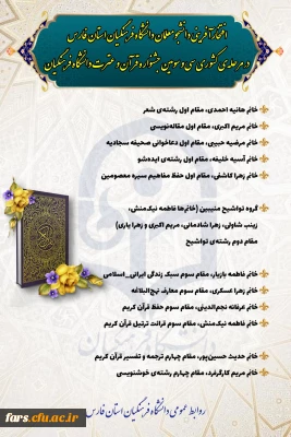 درخشش دانشجو معلمان دانشگاه فرهنگیان استان فارس در مرحله کشوری سی و سومین جشنواره قرآن و عترت

