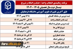 برنامه زمانبندی انتخاب واحد / حذف و اضافه و شروع نیمسال دوم سال تحصیلی ۱۴۰۴–۱۴۰۵  طبق آخرین تغییرات تقویم آموزشی دانشگاه فرهنگیان   2